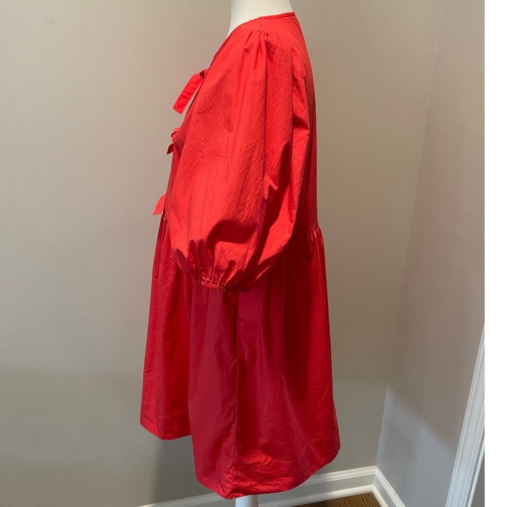 Band of the Free Babydoll Mini Dress Sz L Cotton Puff Sleeves Front Ties Red - Picture 5 of 10